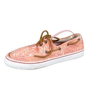 Sperry Bahama Fish Circle Women Boat Shoe Size 8 Casual Canvas Coral Pink White